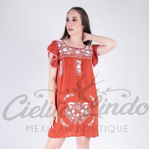 Mexican Dress Texas Longhorns College Spirit Orange White Handmade Embroidered